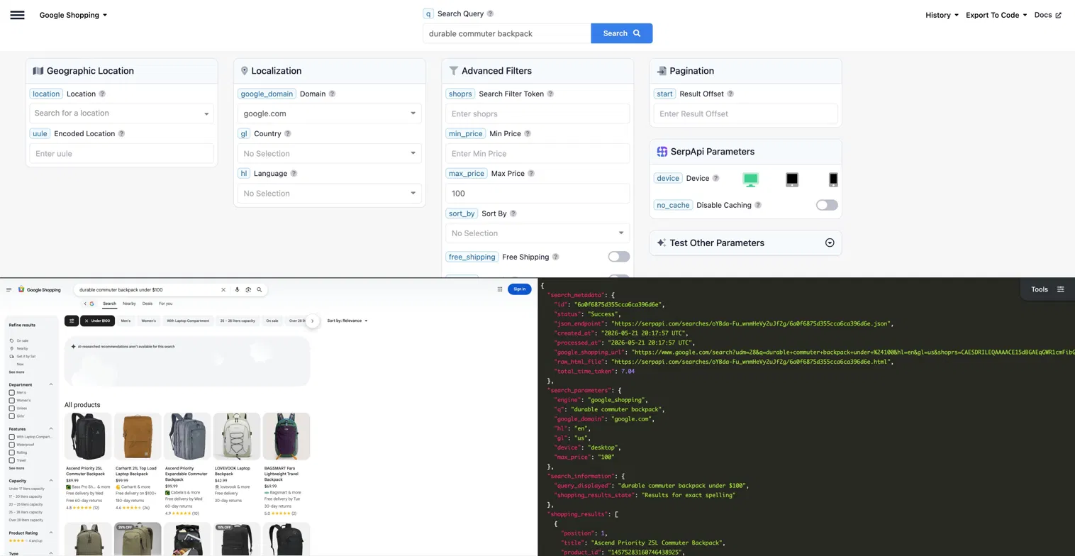SERP scraper response showing structured product data with heavy JSON metadata and token strings
