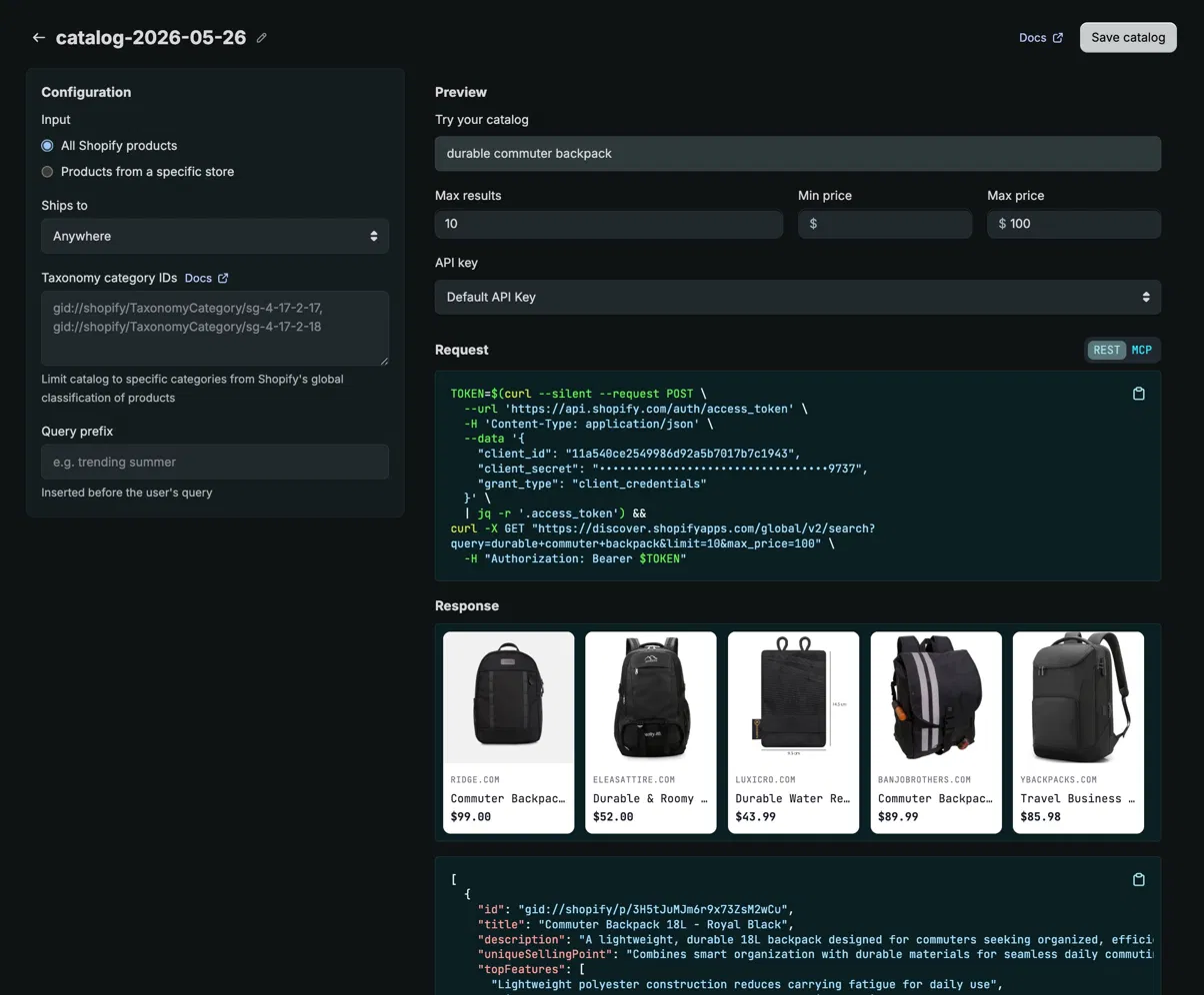 Shopify Catalog API Dev Dashboard showing backpack query results from small Shopify merchants