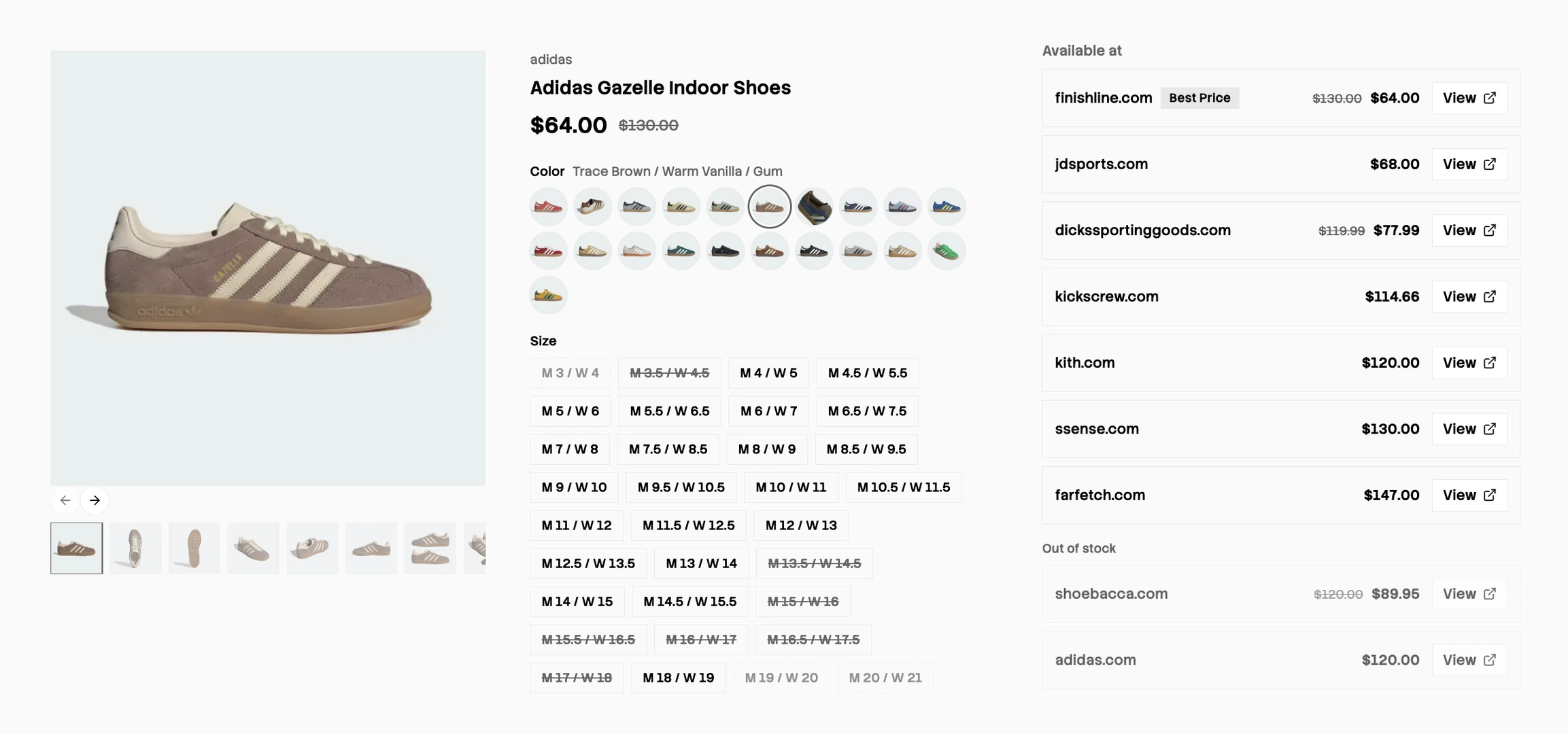The brown men's adidas Gazelle Indoor in Channel3's catalog: one product with its colors and sizes, next to every store that sells it with price and stock