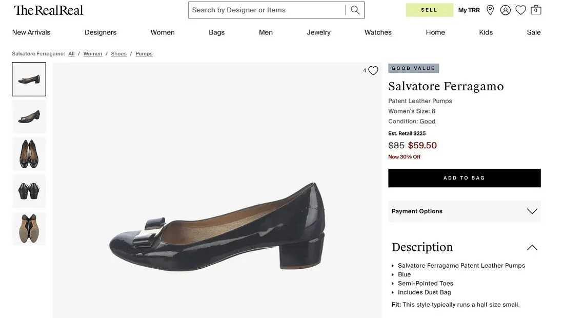 The RealReal product page for Salvatore Ferragamo patent leather pumps, marked Good Value, $59.50 after a 30% discount