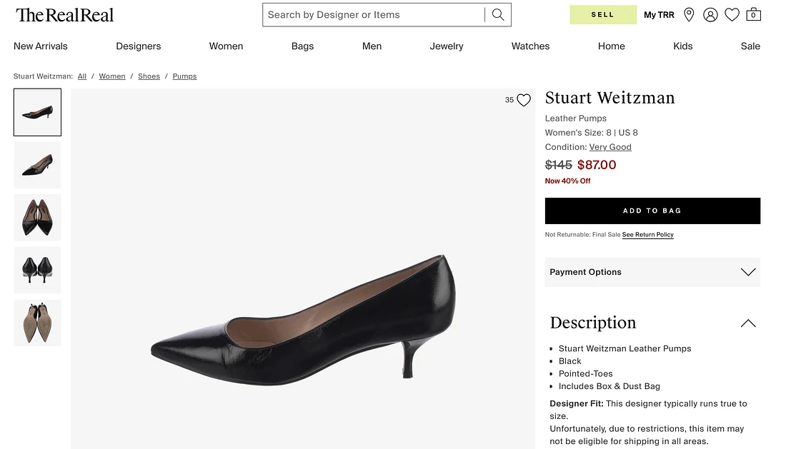The RealReal product page for Stuart Weitzman leather pumps, $87.00 after a 40% discount