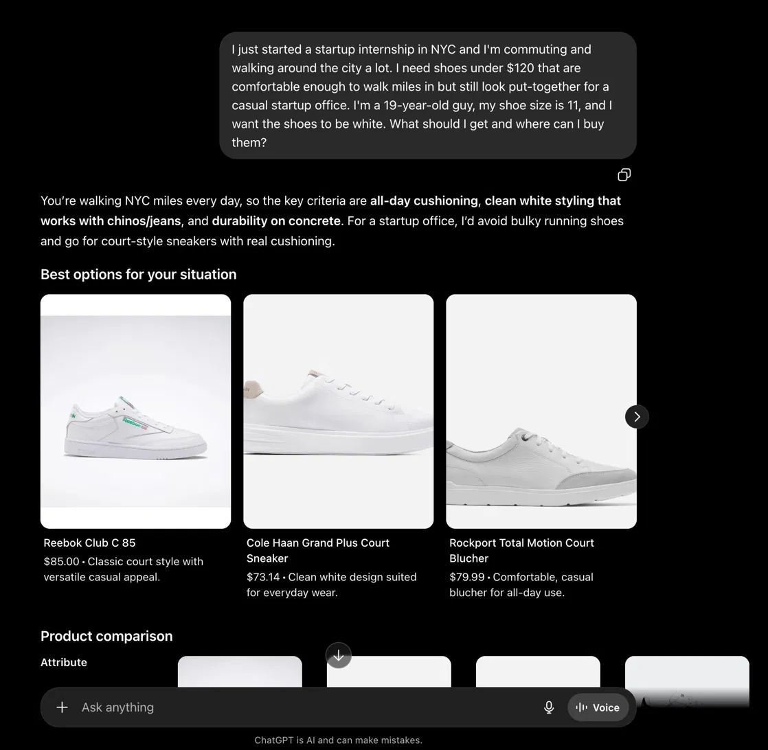 ChatGPT's shopping answer with three white-sneaker product cards in response to the prompt
