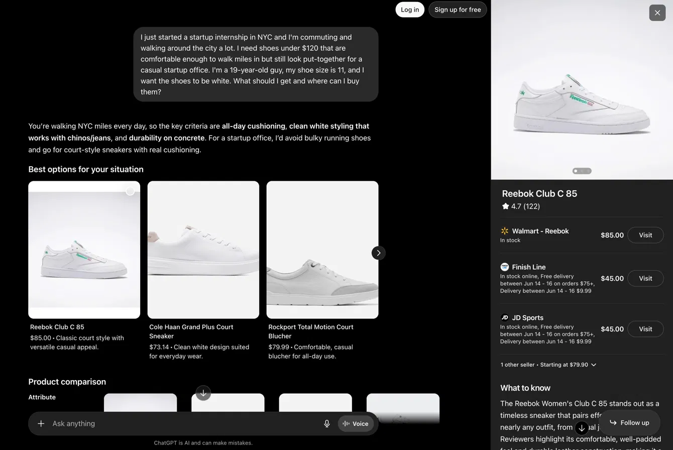 ChatGPT product panel showing only reseller buy links (Walmart, Finish Line, JD Sports), none to the brand's own store