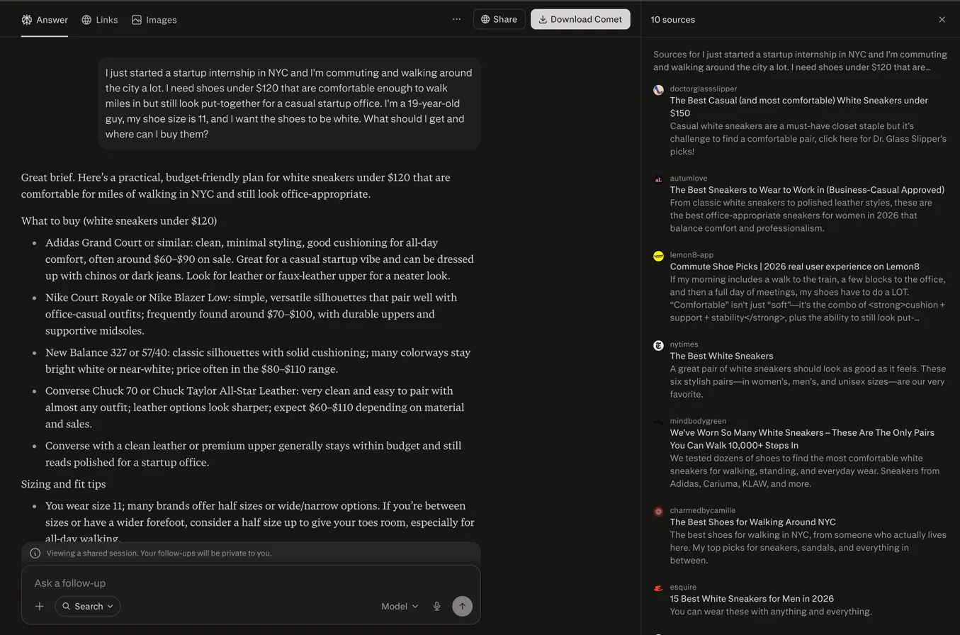 Perplexity's source list, mostly blog roundups and women's articles, for a men's shopping query