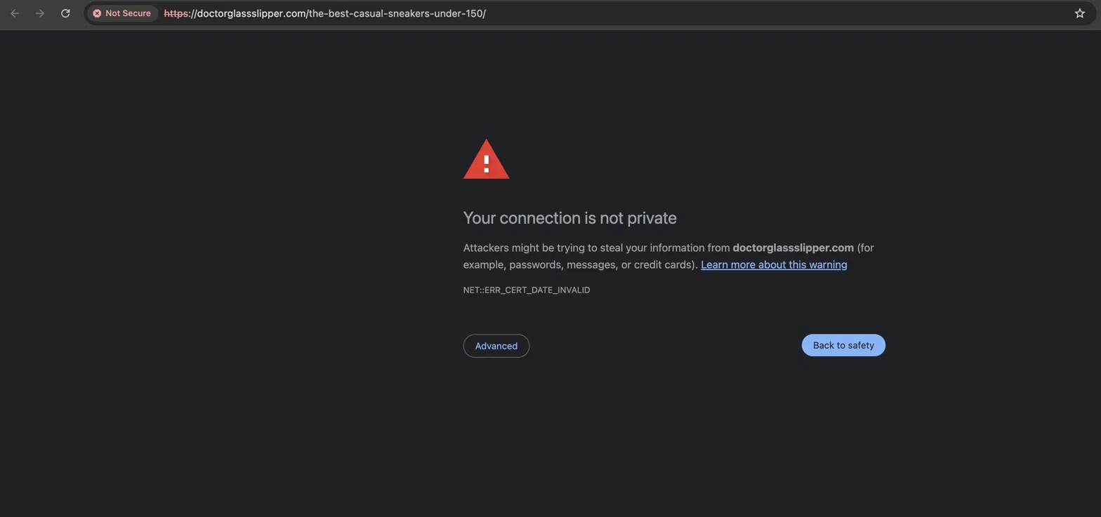 Browser security warning, NET::ERR_CERT_DATE_INVALID, on Perplexity's top cited source