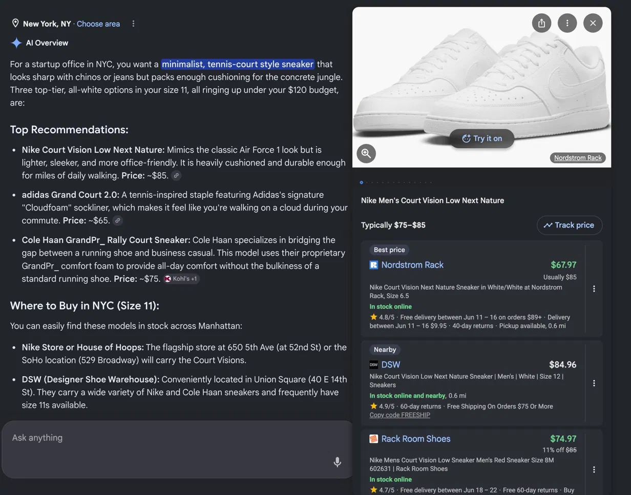 Google AI shopping options for a white sneaker showing a size 6.5, a size 12, and a red size 8