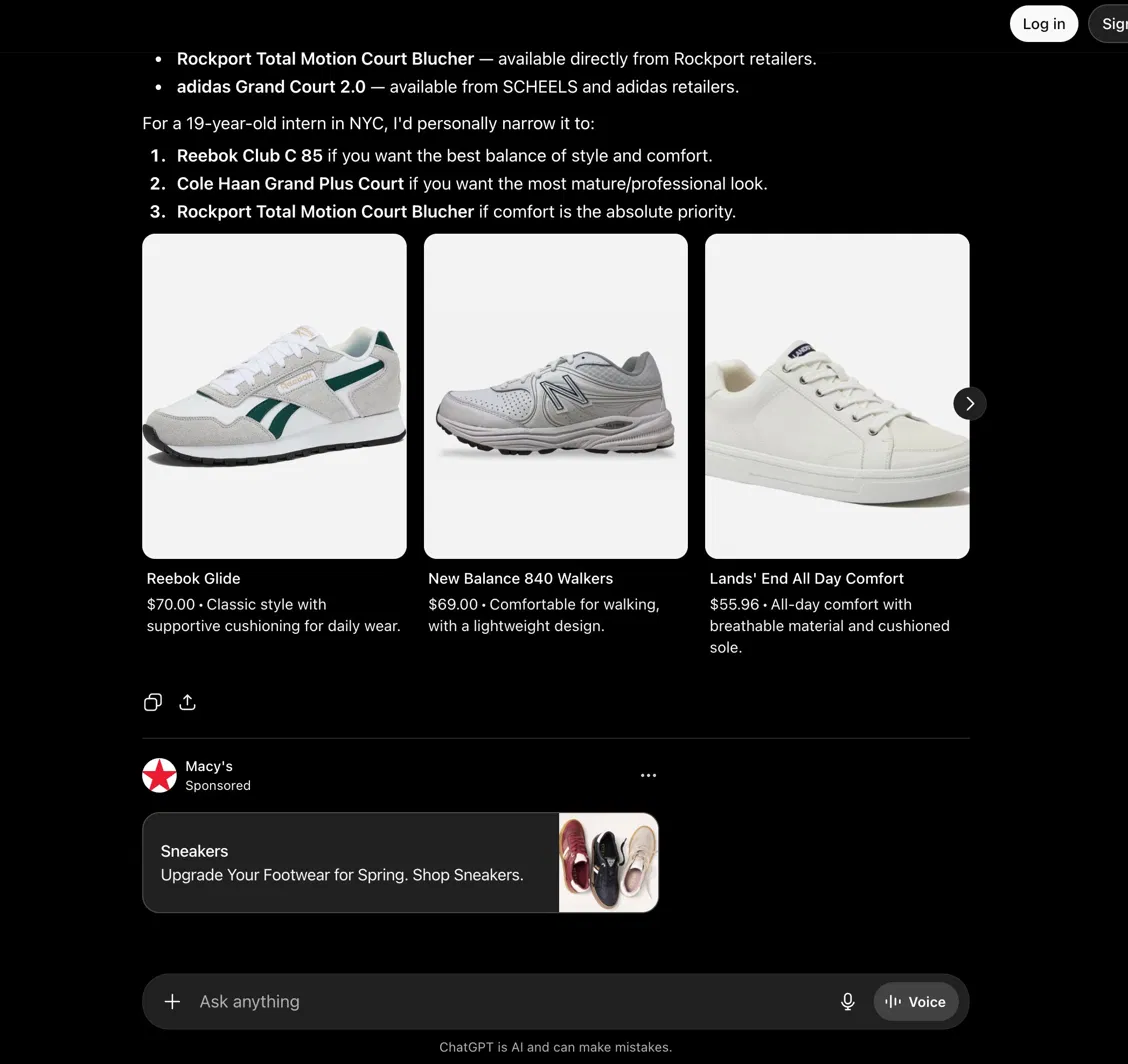ChatGPT showing three recommended shoes that differ from the three it just named, with a sponsored ad