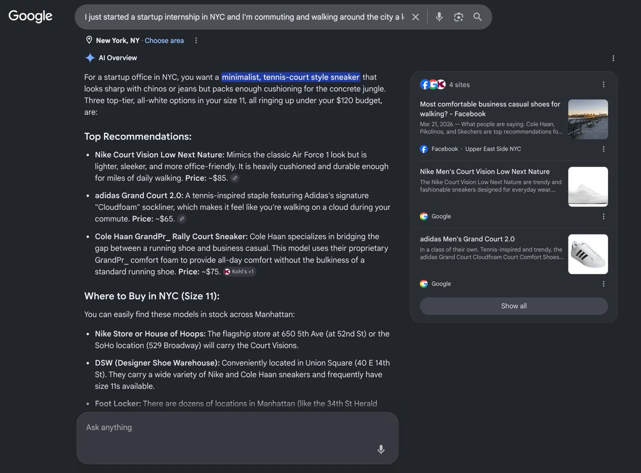 Google AI Overview recommending a Cole Haan GrandPr_ Rally Court Sneaker, a product name that does not exist