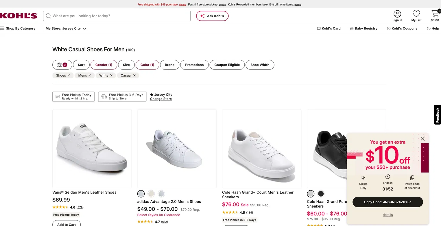Kohl's White Casual Shoes For Men category page of 109 results with the real Cole Haan Grand+ Court at $76