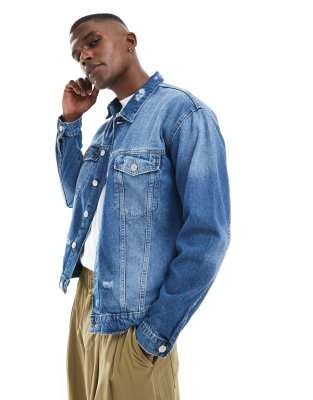 Only & Sons Denim Jacket In Distressed Mid Blue Wash